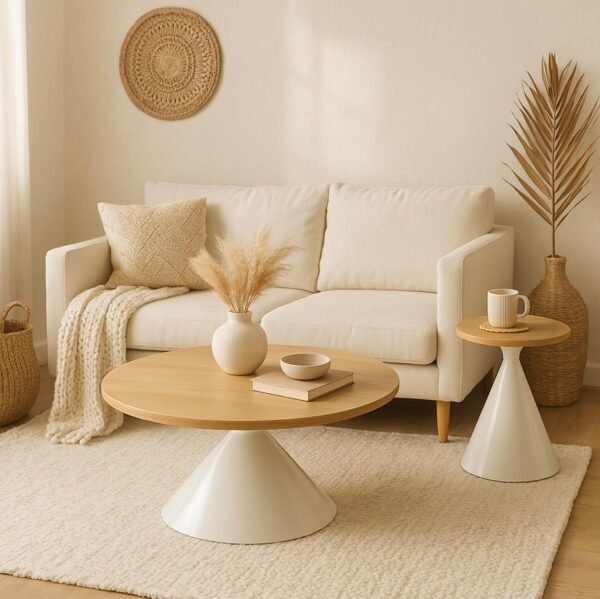 Table Basse Gigogne Design – Lot de 2 Tables Rondes en Bois Clair et Blanc – Structure Métal et Plateau MDF – Table d’Appoint et Table de Salon – Style Contemporain Scandinave – Image 6