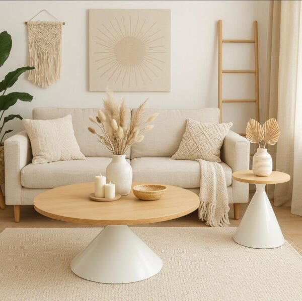 Table Basse Gigogne Design – Lot de 2 Tables Rondes en Bois Clair et Blanc – Structure Métal et Plateau MDF – Table d’Appoint et Table de Salon – Style Contemporain Scandinave